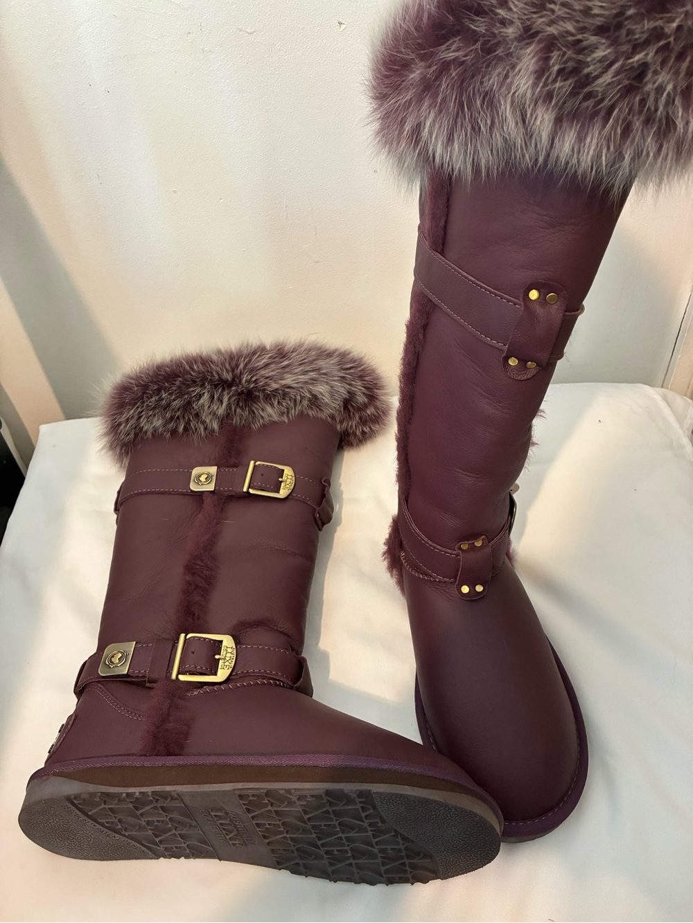Australia Luxe Collective Women's Burgundy Purple Faux-Fur Trim Knee Boots